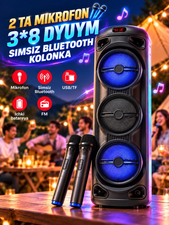 Karaoke kolonka 3×8", Bluetooth 5.3, 2 ta simsiz mikrofon, FM radio, USB/TF - 