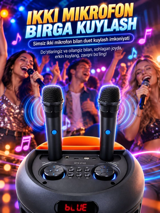 Karaoke kolonka 3×8", Bluetooth 5.3, 2 ta simsiz mikrofon, FM radio, USB/TF