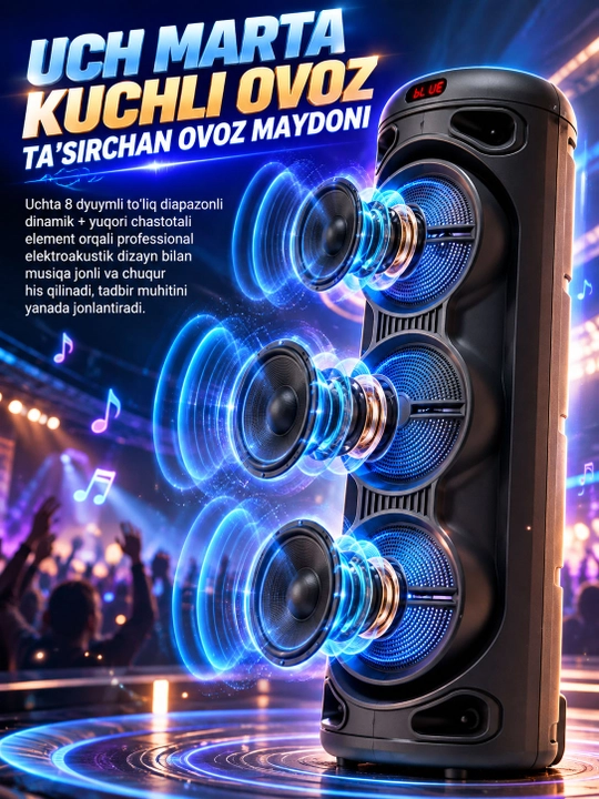 Karaoke kolonka 3×8", Bluetooth 5.3, 2 ta simsiz mikrofon, FM radio, USB/TF