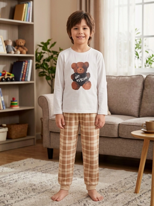 O‘g‘il va qiz bolalar uchun uzun yengli va katak-katak shim, bosma naqshli pijama