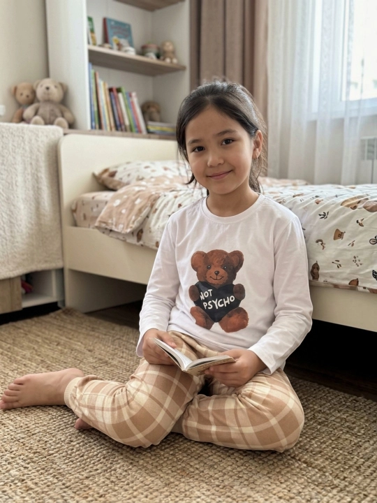 O‘g‘il va qiz bolalar uchun uzun yengli va katak-katak shim, bosma naqshli pijama