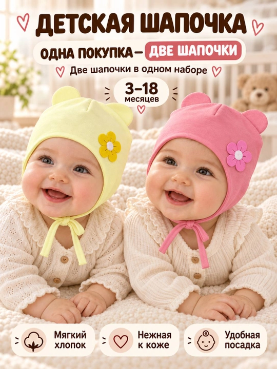 Детские шапочки для новорождённых, 2 шт. в наборе, подойдут малышам от 3 до 18 месяцев