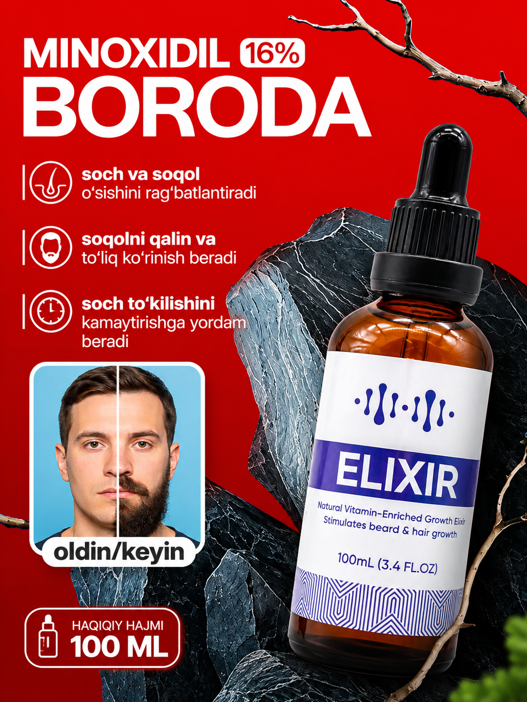 Elixir Boroda 16% – средство для роста волос и бороды Миноксидил - 