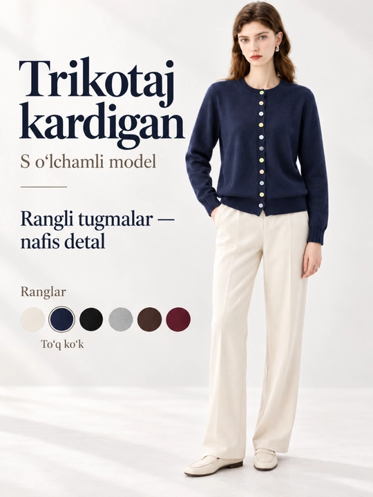 Ayollar trikotaj kardigani, rangli tugmali, uzun yengli, dumaloq yoqali kofta - 