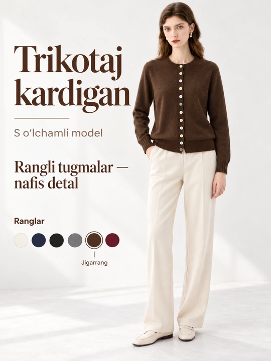 Ayollar trikotaj kardigani, rangli tugmali, uzun yengli, dumaloq yoqali kofta - 