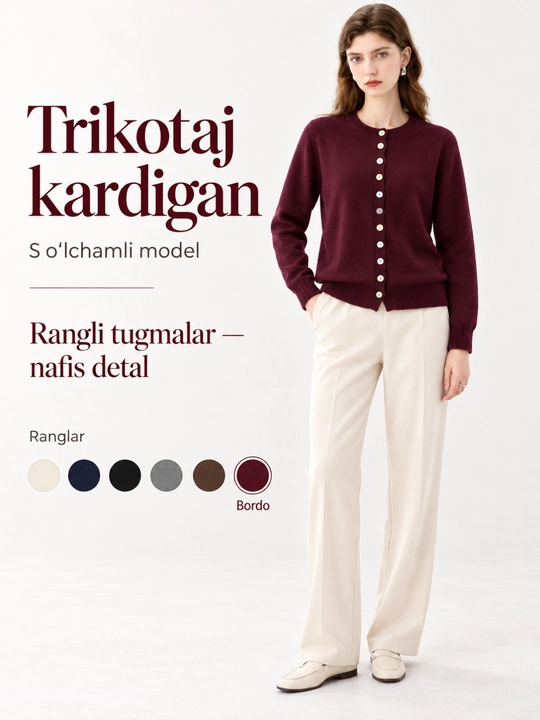 Ayollar trikotaj kardigani, rangli tugmali, uzun yengli, dumaloq yoqali kofta - 
