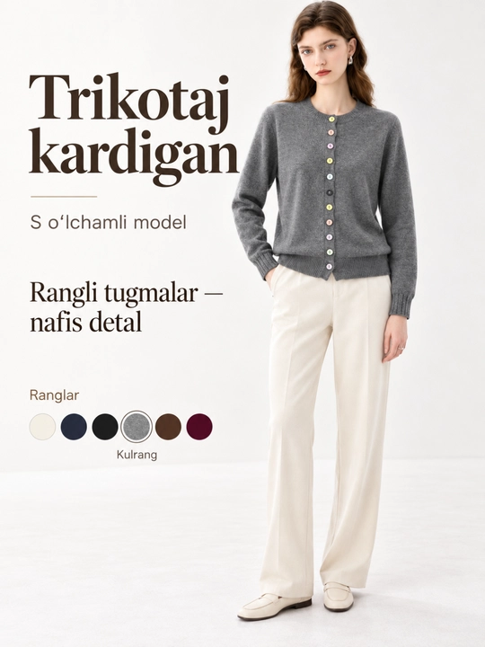 Ayollar trikotaj kardigani, rangli tugmali, uzun yengli, dumaloq yoqali kofta - 