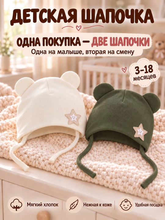 Детские шапочки для новорождённых, 2 шт. в наборе, подойдут малышам от 3 до 18 месяцев