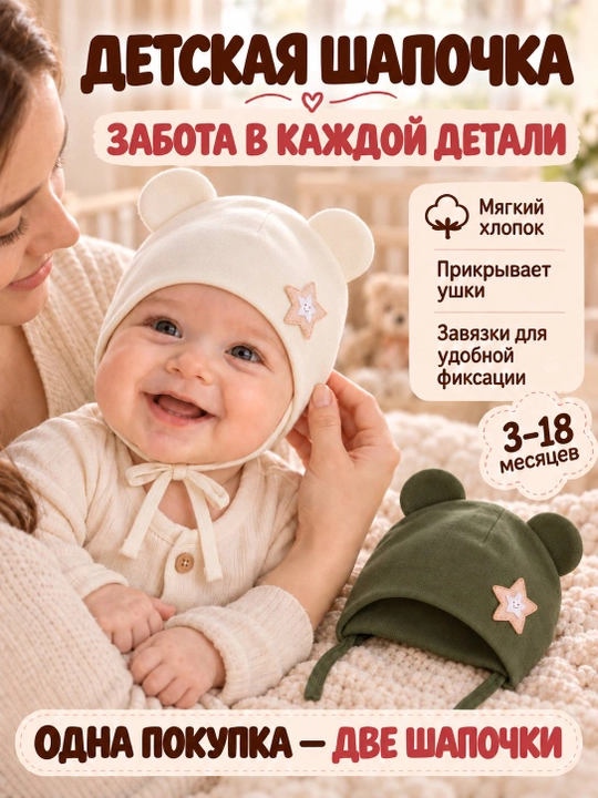 Детские шапочки для новорождённых, 2 шт. в наборе, подойдут малышам от 3 до 18 месяцев - 