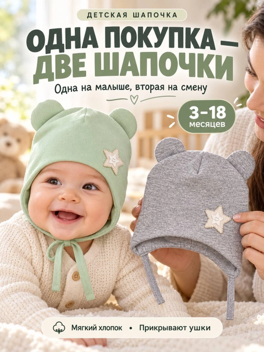 Детские шапочки для новорождённых, 2 шт. в наборе, подойдут малышам от 3 до 18 месяцев