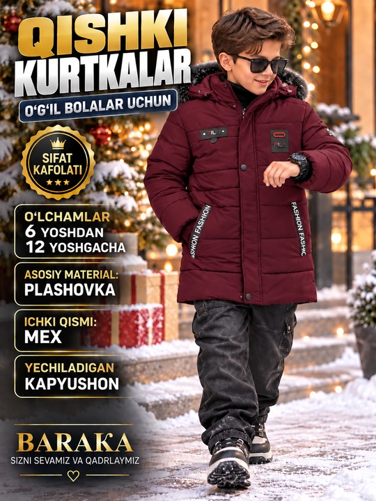 6–12 yoshli o‘g‘il bolalar uchun issiq qishki kurtka, mo‘ynali va zamonaviy - 