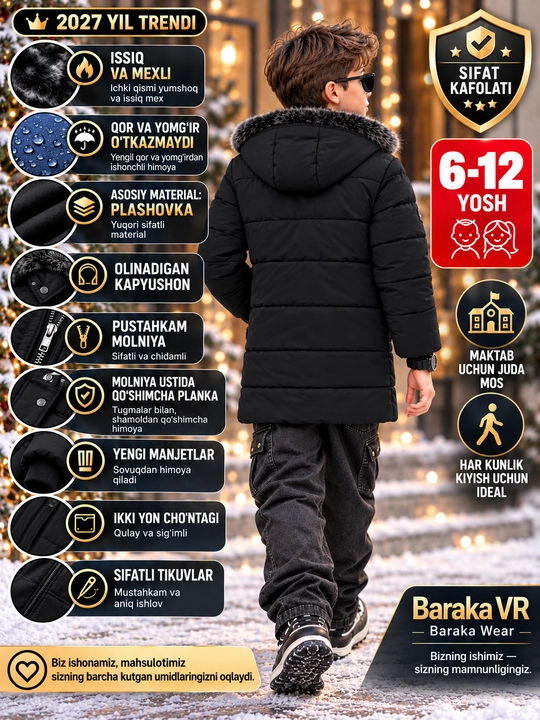 6–12 yoshli o‘g‘il bolalar uchun issiq qishki kurtka, mo‘ynali va zamonaviy