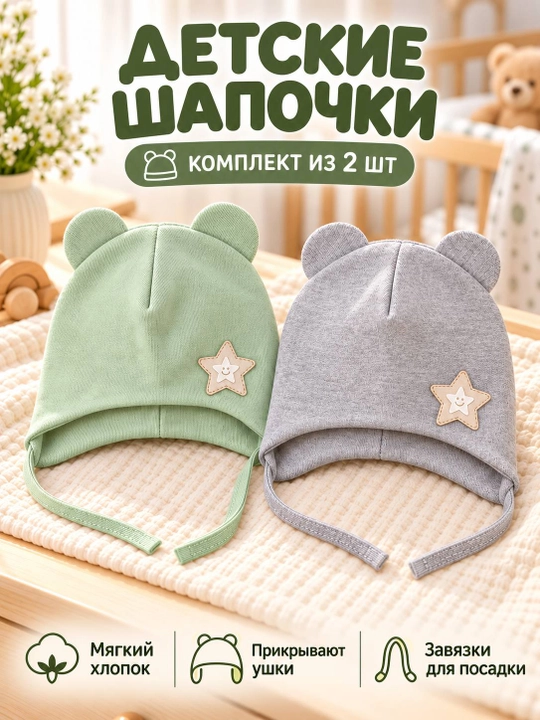 Детские шапочки для новорождённых, 2 шт. в наборе, подойдут малышам от 3 до 18 месяцев