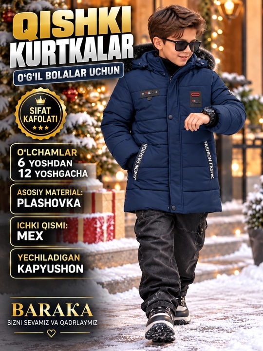 6–12 yoshli o‘g‘il bolalar uchun issiq qishki kurtka, mo‘ynali va zamonaviy - 