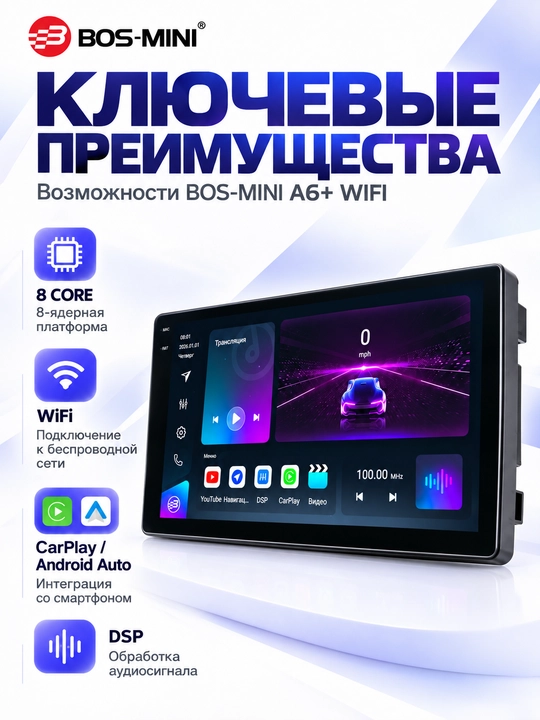 BOS MINI A6+ WIFI Android 12 avtomagnitola, QLED, 4/64 GB, CarPlay, DSP