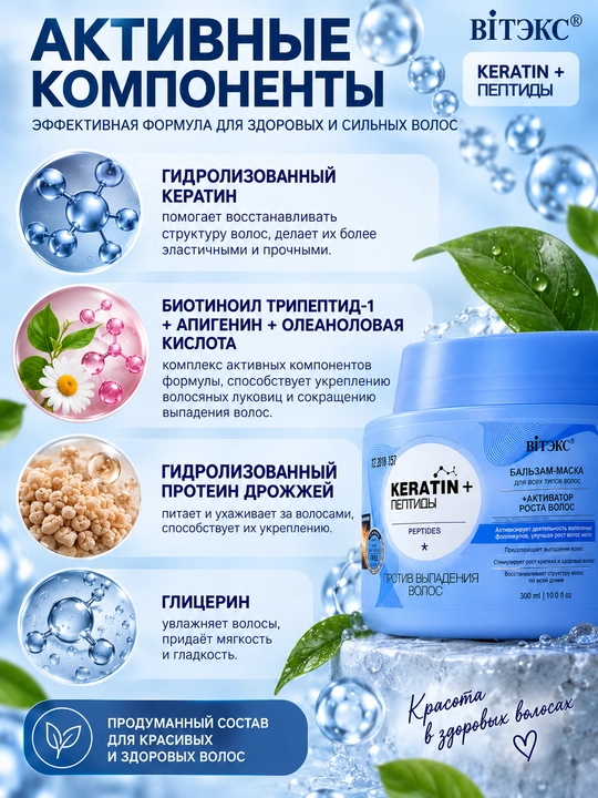 Бальзам-маска для волос Витэкс Keratin + Пептиды, против выпадения волос, 300 мл