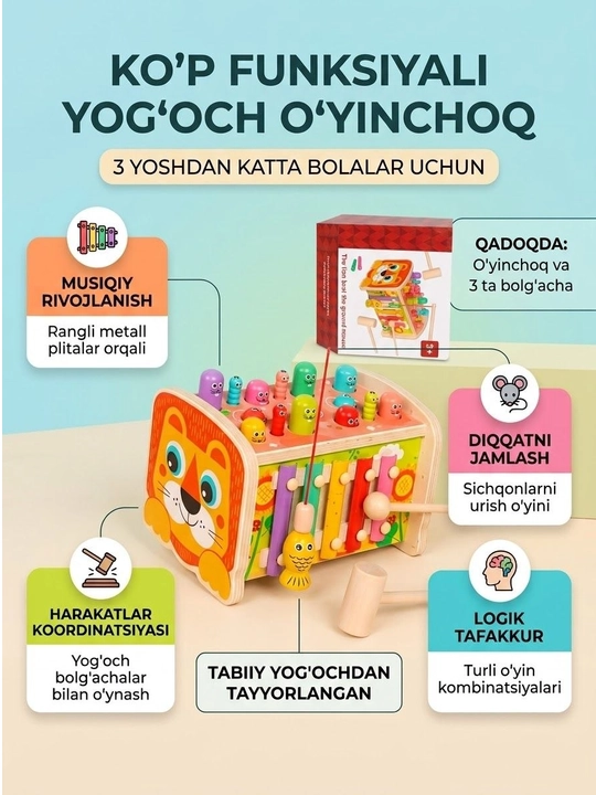 Yog'och o'yinchoq bolalar uchun ksilofon rivojlantiruvchi o'yinchoq 3 yoshdan mantiqiy - 