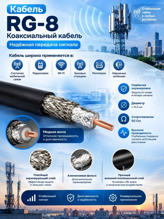 Koaksial kabel RG8 50 Om aloqa va antennalar uchun - 