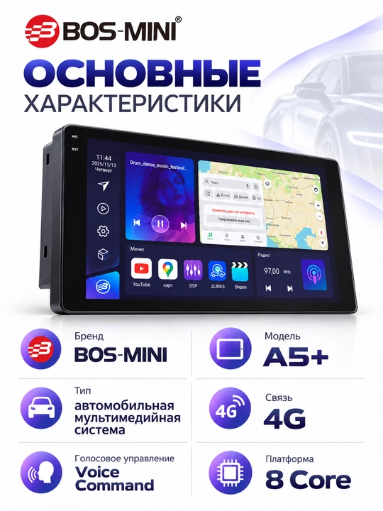BOS MINI A5+ multimedia avtomagnitola, 4G, 8 yadro, CarPlay, DSP