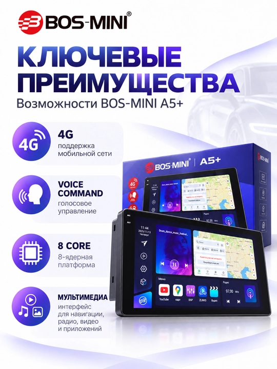 BOS MINI A5+ multimedia avtomagnitola, 4G, 8 yadro, CarPlay, DSP