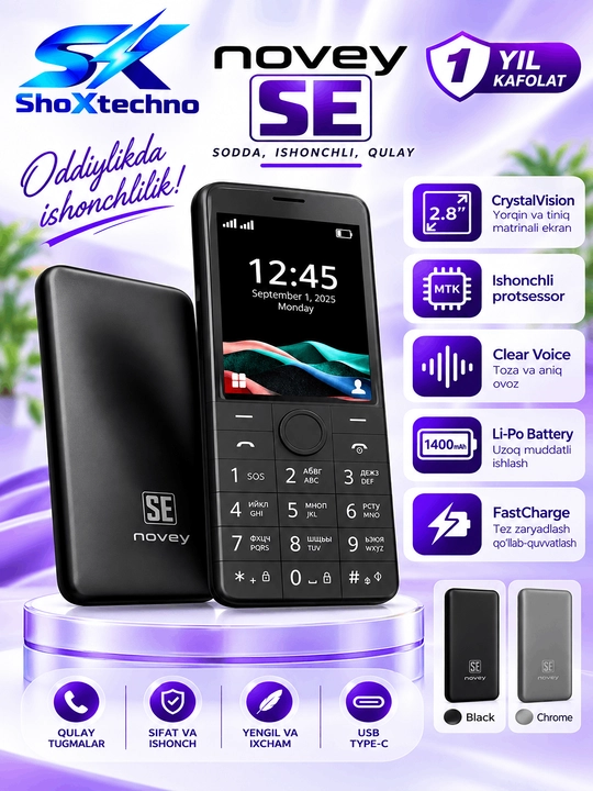 Novey SE knopkali telefon, tezkor quvvatlash, zamonaviy, kamerasiz - 