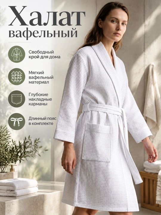 Vafli banniy xalat 100% paxta, erkaklar va ayollar uchun, cho’ntakli, belbog’li
