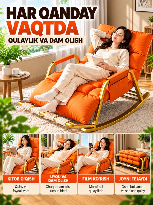 Kreslo kachalka, bir o‘rinli, buklanadigan, yumshoq, uy uchun