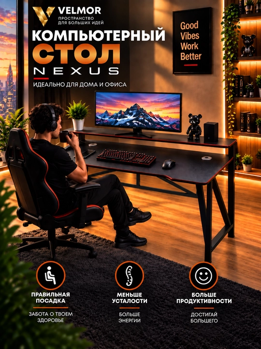 Игровой компьютерный стол с RGB-подсветкой, держателями для наушников и стакана