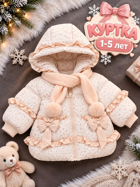 Куртка для девочек, тёплая зимняя, с капюшоном, с узором зайчика и бантиками, 1–5 лет