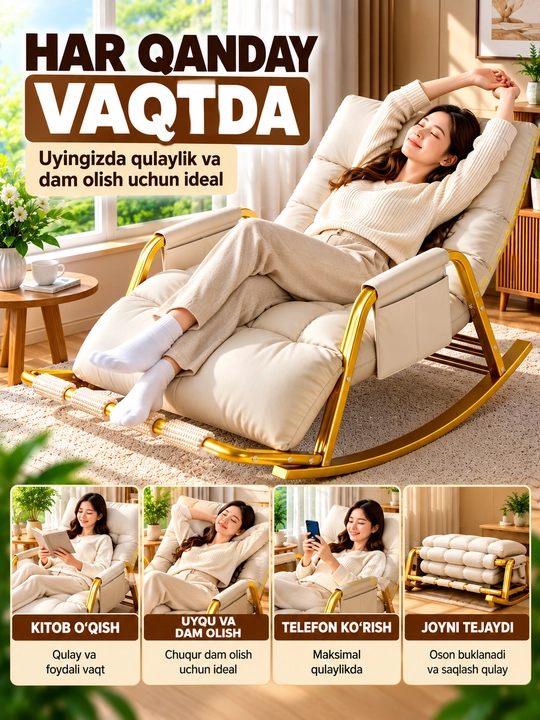 Kreslo kachalka, bir o‘rinli, buklanadigan, yumshoq, uy uchun