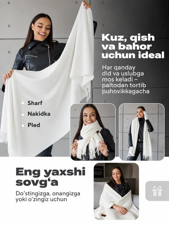 Ayollar uchun issiq kashmir sharf, yumshoq, 200×70 sm