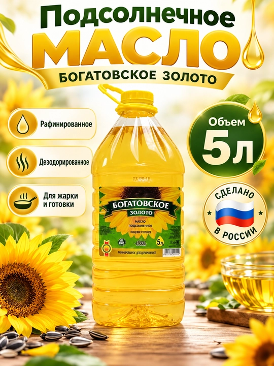 Масло подсолнечное Богатовское Золото рафинированное дезодорированное, 5 л - 