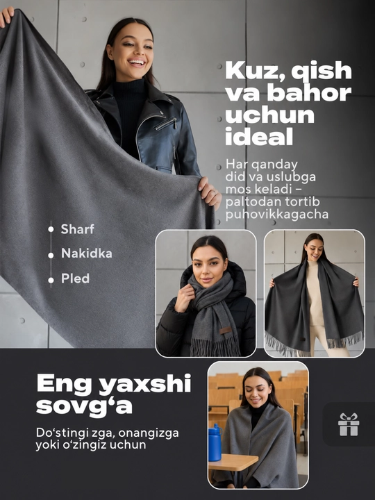 Ayollar uchun issiq kashmir sharf, yumshoq, 200×70 sm