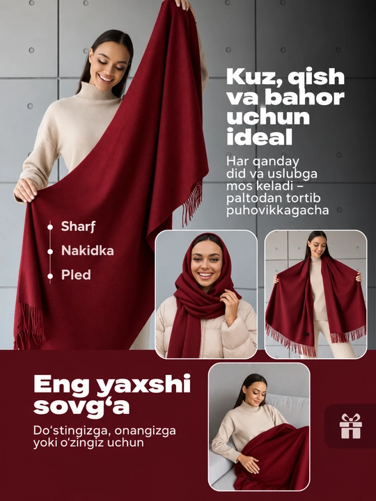 Ayollar uchun issiq kashmir sharf, yumshoq, 200×70 sm