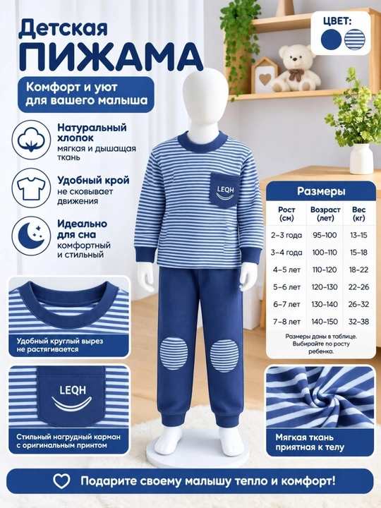 Bolalar uchun kulrang chiziqli uyqu pijamasi, 2 qismli to‘plam - 