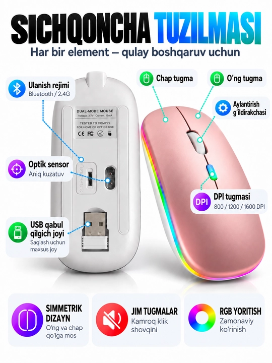 Simsiz sichqoncha Bluetooth 5.0/2.4G, RGB, 1600 DPI, Type-C quvvatlanadigan