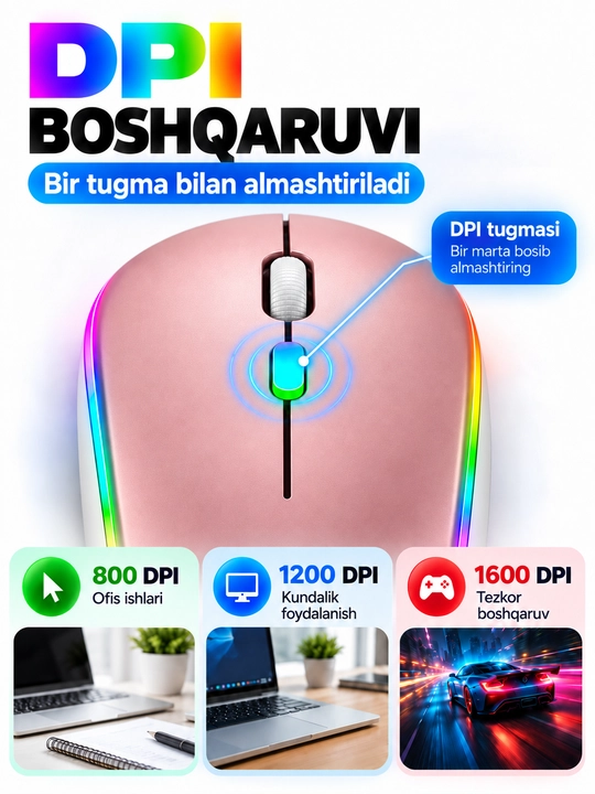 Simsiz sichqoncha Bluetooth 5.0/2.4G, RGB, 1600 DPI, Type-C quvvatlanadigan
