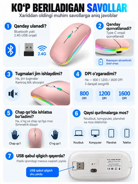 Simsiz sichqoncha Bluetooth 5.0/2.4G, RGB, 1600 DPI, Type-C quvvatlanadigan