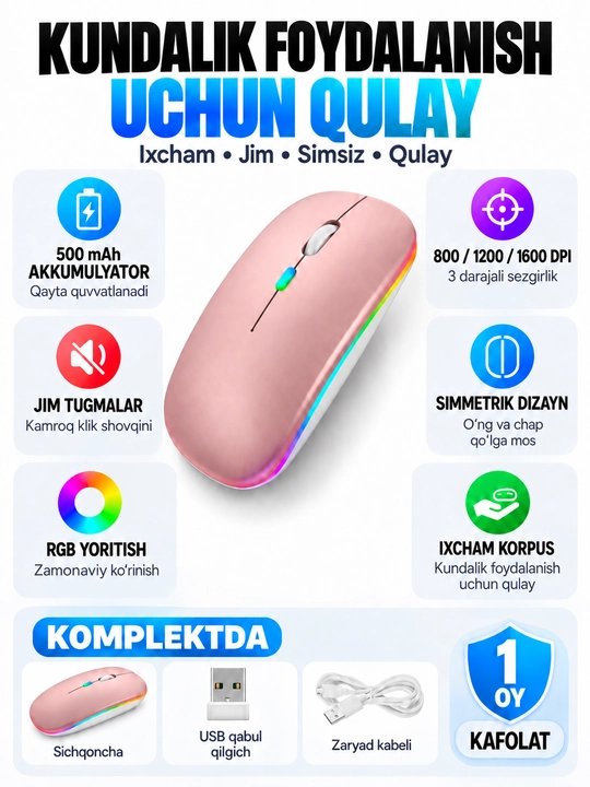 Simsiz sichqoncha Bluetooth 5.0/2.4G, RGB, 1600 DPI, Type-C quvvatlanadigan