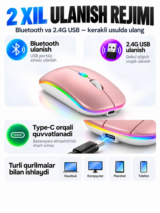 Simsiz sichqoncha Bluetooth 5.0/2.4G, RGB, 1600 DPI, Type-C quvvatlanadigan