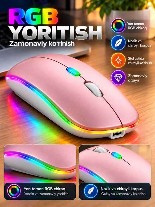 Simsiz sichqoncha Bluetooth 5.0/2.4G, RGB, 1600 DPI, Type-C quvvatlanadigan