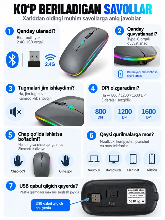 Simsiz sichqoncha Bluetooth 5.0/2.4G, RGB, 1600 DPI, Type-C quvvatlanadigan