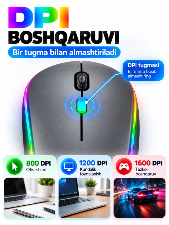Simsiz sichqoncha Bluetooth 5.0/2.4G, RGB, 1600 DPI, Type-C quvvatlanadigan