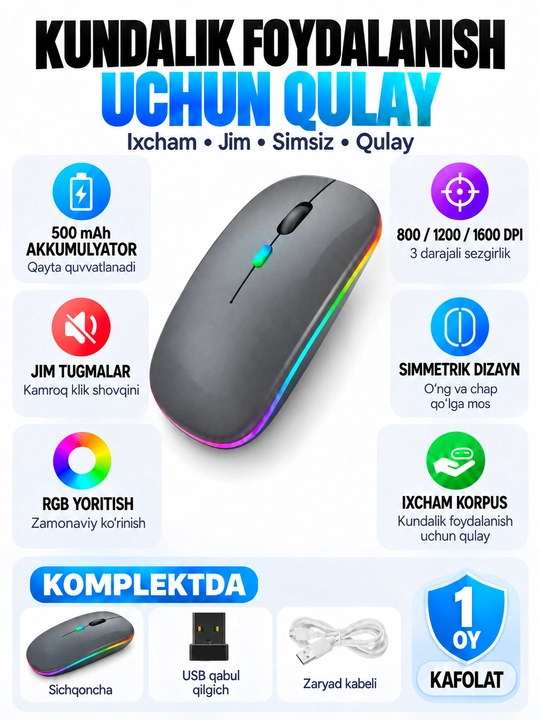 Simsiz sichqoncha Bluetooth 5.0/2.4G, RGB, 1600 DPI, Type-C quvvatlanadigan