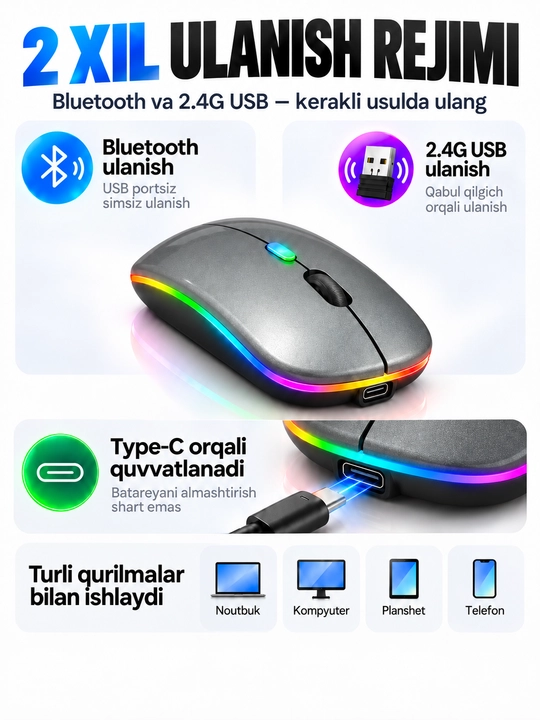 Simsiz sichqoncha Bluetooth 5.0/2.4G, RGB, 1600 DPI, Type-C quvvatlanadigan