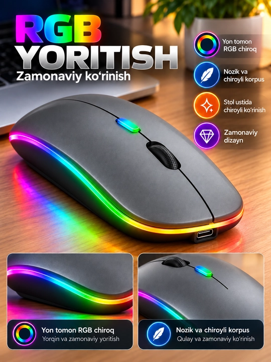 Simsiz sichqoncha Bluetooth 5.0/2.4G, RGB, 1600 DPI, Type-C quvvatlanadigan