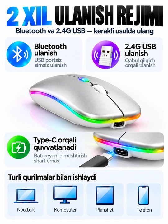 Simsiz sichqoncha Bluetooth 5.0/2.4G, RGB, 1600 DPI, Type-C quvvatlanadigan