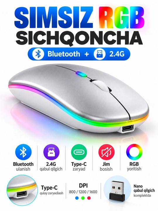 Simsiz sichqoncha Bluetooth 5.0/2.4G, RGB, 1600 DPI, Type-C quvvatlanadigan - 