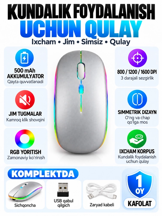 Simsiz sichqoncha Bluetooth 5.0/2.4G, RGB, 1600 DPI, Type-C quvvatlanadigan