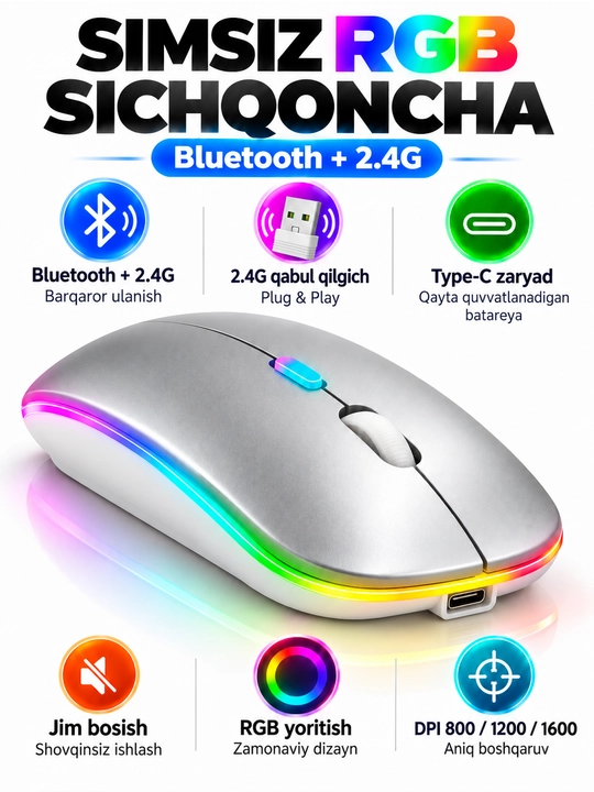 Simsiz sichqoncha Bluetooth 5.0/2.4G, RGB, 1600 DPI, Type-C quvvatlanadigan